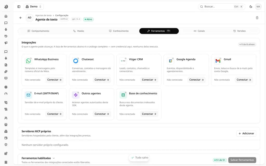 Aba Ferramentas mostrando as integrações MCP disponíveis para conectar