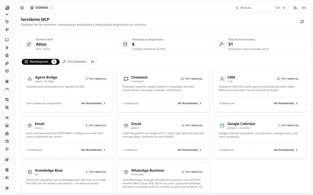 Tela "Servidores MCP" com os 8 namespaces e 51 ferramentas do catálogo