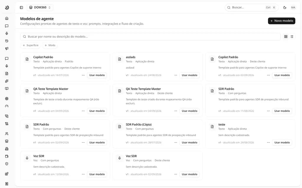 Biblioteca de Modelos com templates reais como "SDR Padrão" e "Copilot Padrão"