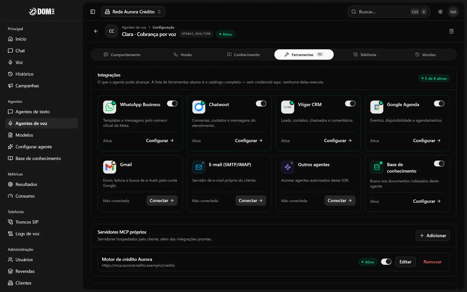 Integrações de um agente: WhatsApp, Chatwoot, CRM, Google Agenda e base de conhecimento