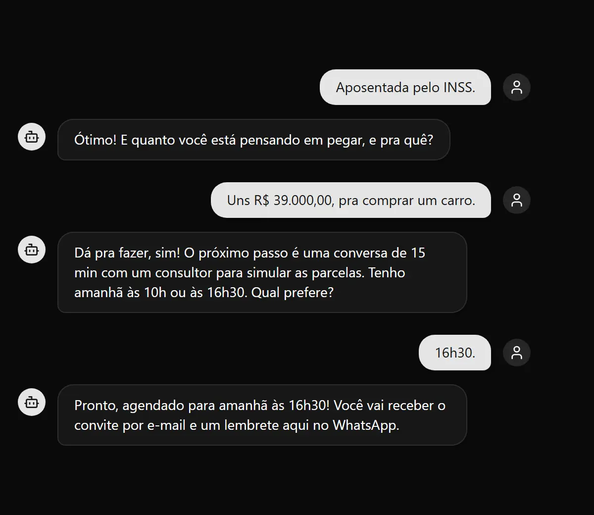 Conversa de WhatsApp em que a agente de SDR qualifica o lead e agenda a reunião com o consultor