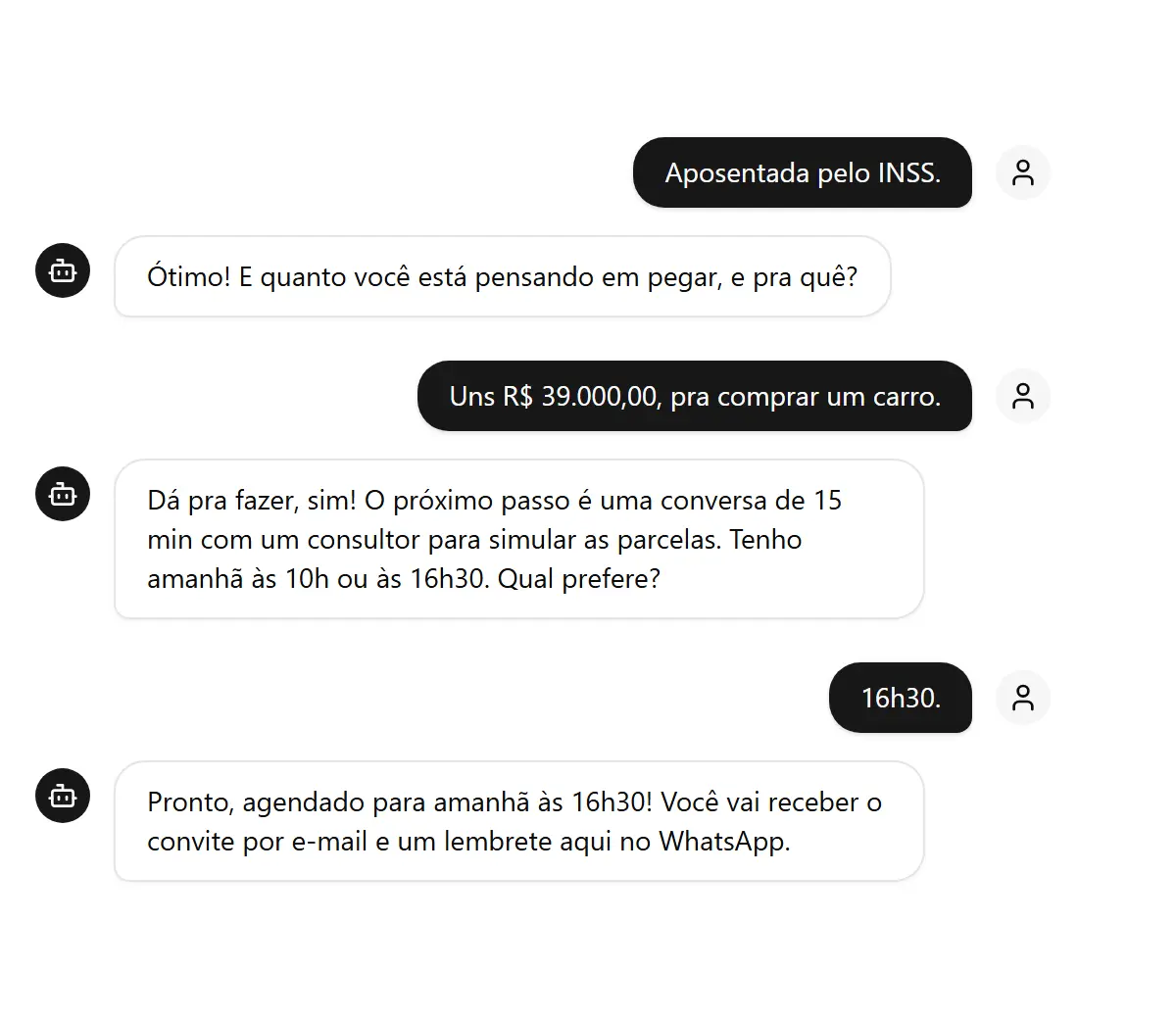Conversa de WhatsApp em que a agente de SDR qualifica o lead e agenda a reunião com o consultor
